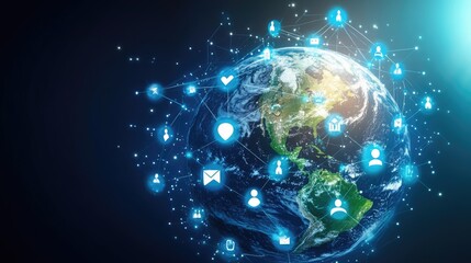 Global social media network connection, people icons on planet earth globe. Internet technology and online data exchange
