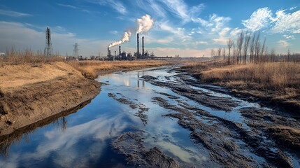 A landscape featuring an industrial area with smokestacks and a polluted river.