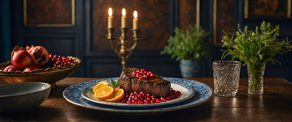 Fototapeta premium The table food is adorned with luxurious beef steak and various cooking ingredients on a rustic wooden background-6