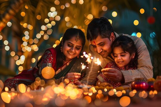 Hindu family celebrating Diwali with sparklers