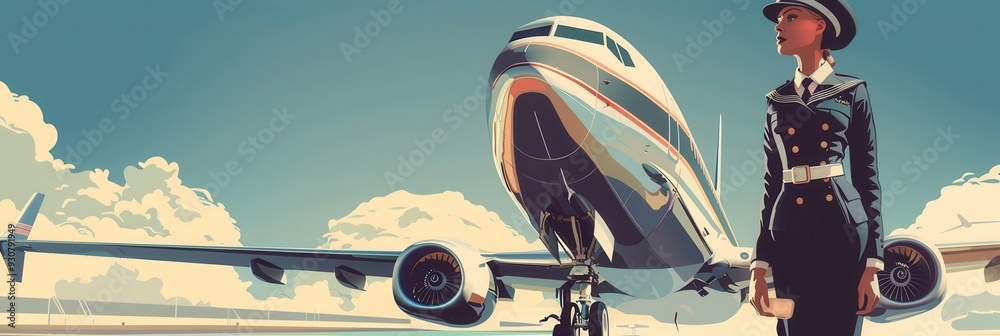 Poster a flight attendant in uniform stands proudly beside a large airplane at an airport on a clear day, r