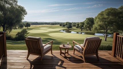 A serene outdoor view from a deck overlooking a golf course and pond.