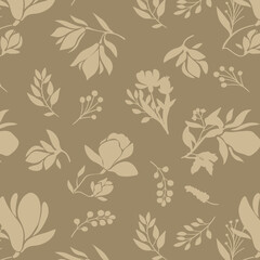 bicolor contour silhouette seamless pattern with flowers and leaves. Abstract floral spring, summer pattern.