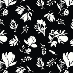 bicolor contour silhouette seamless pattern with flowers and leaves. Abstract floral spring, summer pattern.