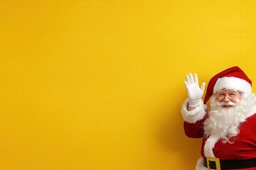 santa claus poking his head out for a wave, solid background, copy space