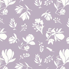 bicolor contour silhouette seamless pattern with flowers and leaves. Abstract floral spring, summer pattern.