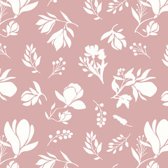 bicolor contour silhouette seamless pattern with flowers and leaves. Abstract floral spring, summer pattern.