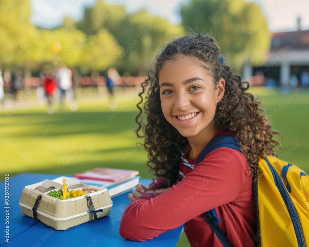 Wall mural a smiling teenage girl sits at a picnic table outdoors. ai.