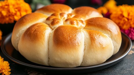 A round bread loaf with a flower design on top sits on a black plate