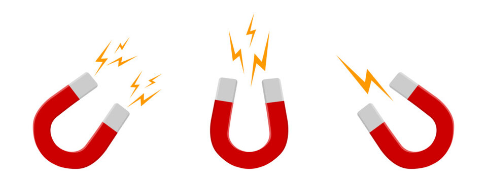 Set of red horseshoe magnets with lightning flashes isolated on white background. Magnetic power, attraction or influence concept. Vector flat illustration.