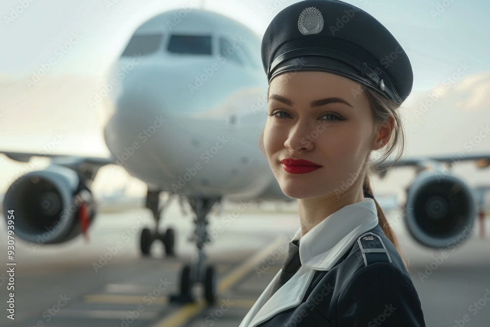 Fototapete a flight attendant poses proudly in uniform, with an airplane and the runway visible in the backgrou