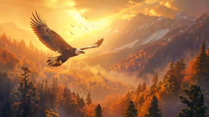 Obraz premium Bald eagle soaring above a misty mountain valley filled with autumn pine trees during a golden sunset.