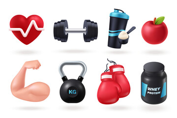 Fitness and Gym Workout icon collection in 3d style. Sports and healthy lifestyle objects - Kettlebell, dumbbell, biceps, boxing gloves, apple, etc. Vector illustration.