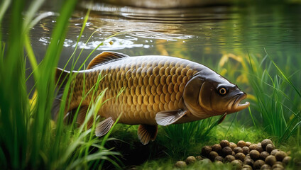 Common Carp fresh water fish feeding, eating boilies on bottom of lake, animals and wildlife, nature background, fishing