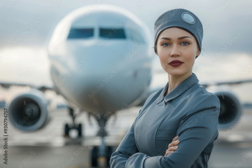 Poster the flight attendant confidently poses in front of a parked airplane, showcasing professionalism and