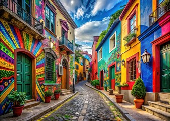 Naklejka premium Vibrant street art colorful architecture historic landmarks cultural
