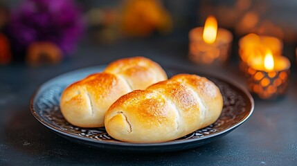 Two rolls of bread on a black plate