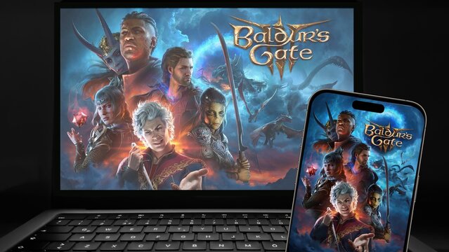 Istanbul, Turkey - 20 Aug 2024: Baldur's Gate 3 game visual on a smartphone and laptop screen