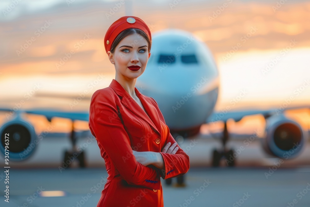 Poster a flight attendant in a red uniform poses confidently with an airplane in the background at sunset, 