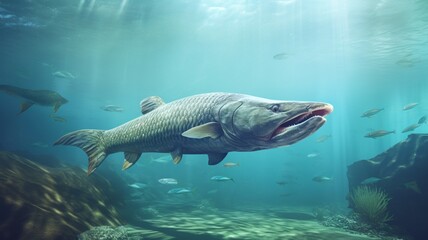 Fototapeta premium Arapaima fish swimming ocean underwater picture