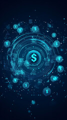Cashback, money transfer, refund concept. Digital currency and coins. Futuristic low poly wireframe illustration, created with generative AI technology 