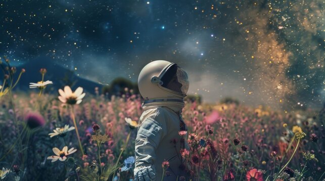 boy with astronaut suit in a flower field looking at the starry night