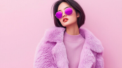 The fashion model is wearing stylish glasses and a trendy furry coat.