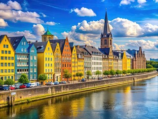 Obraz premium Vibrant yellow and blue buildings line the Rhine River in Düsseldorf, Germany, with modern architecture and old town charm blending together seamlessly.