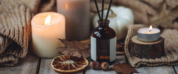 Concept of cozy fall home atmosphere, aromatherapy. Perfume, apartment aroma diffuser with autumn scent of pumpkin spicy sweet pie, cinnamon, anise. Room decor: pumpkins, dry orange, wool plaid banner