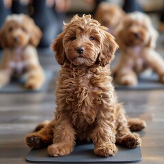 Fototapeta premium A golden labradoodle attends a puppy yoga class. She is sitting on a yoga mat.