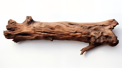 Fototapeta premium Textured brown driftwood log casting a soft shadow on a solid white background.