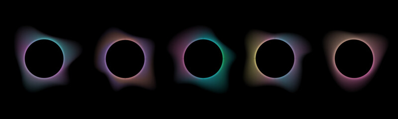 Set of gradients with blurred frames abstract shapes. Collection of futuristic glowing, neon colored with aura round shapes for website design, banners . Vector illustration on black background.