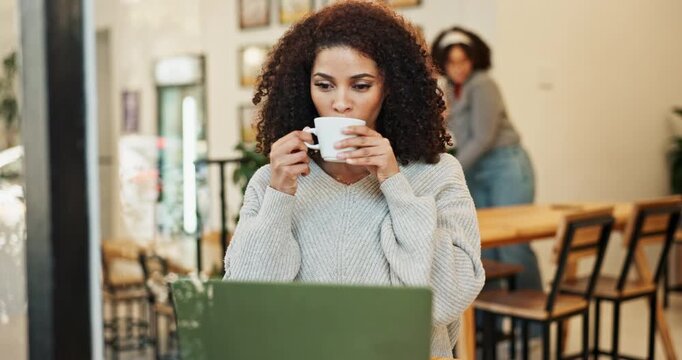 Remote work, drinking coffee and woman with laptop in cafe, typing and ideas for online publication. Store, female blogger and computer for beverage blog, insights and review for caffeine enthusiasts