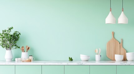 Modern kitchen with mint green cabinets, marble countertops, and wooden accents. Fresh herbs and minimalist decor create a fresh, inviting cooking space.