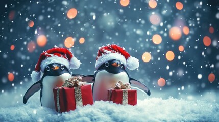 Fototapeta premium Three penguins in Santa hats stand joyfully in the snow with red gift boxes, surrounded by falling snow and festive bokeh lights.