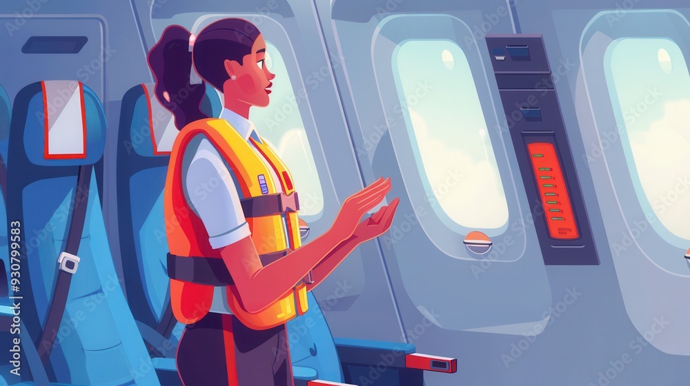 Poster A flight attendant demonstrates safety protocols in an aircraft, emphasizing the use of a life vest during a pre-flight briefing. Generative AI