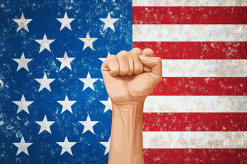 raised fist in front of an American flag symbolizing strength and unity related to themes of justice and power in a USA election theme