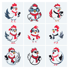 Bright modern stylish abstract logo of a white chicken set