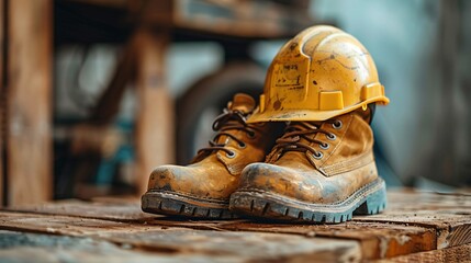 Dirty construction boots and helmet on workplace background