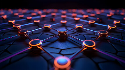 Fototapeta premium A futuristic network visualization showcasing interconnected nodes shining with vibrant neon colors against a dark backdrop.