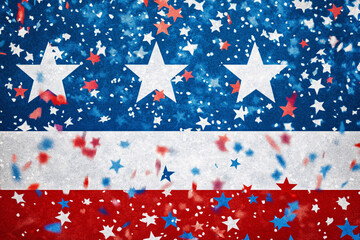 Obraz premium Red white and blue stars scattered across a USA flag inspired background with a confetti-like effect