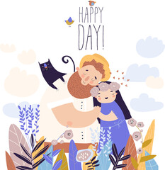 Happy couple staying in a field of flowers, cuddling each other