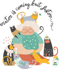 Cartoon funny grandmother knit for her cats