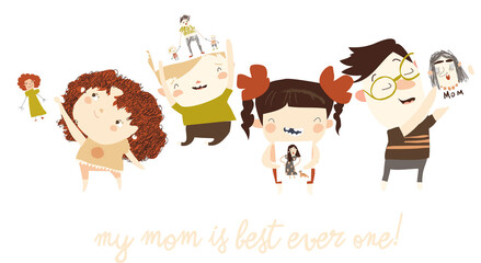 Happy kids with hand drawn portraits of their mothers