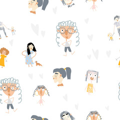 Seamless pattern of hand drawn portraits of mothers