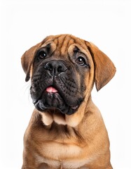 Obraz premium 笑顔のブルマスティフの子犬のポートレート（Portrait of a smiling Bullmastiff puppy on white background） 