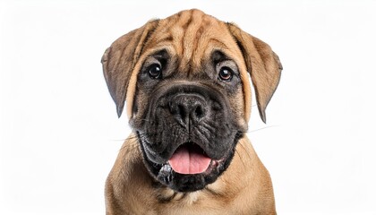Obraz premium 笑顔のブルマスティフの子犬のポートレート（Portrait of a smiling Bullmastiff puppy on white background） 