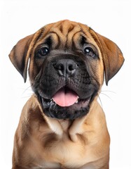 Obraz premium 笑顔のブルマスティフの子犬のポートレート（Portrait of a smiling Bullmastiff puppy on white background） 