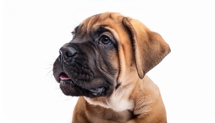Obraz premium 笑顔のブルマスティフの子犬のポートレート（Portrait of a smiling Bullmastiff puppy on white background） 