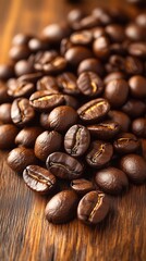 Fototapeta premium A variety of dark roasted coffee beans are spread across a textured wooden table, highlighting their rich color and shine.